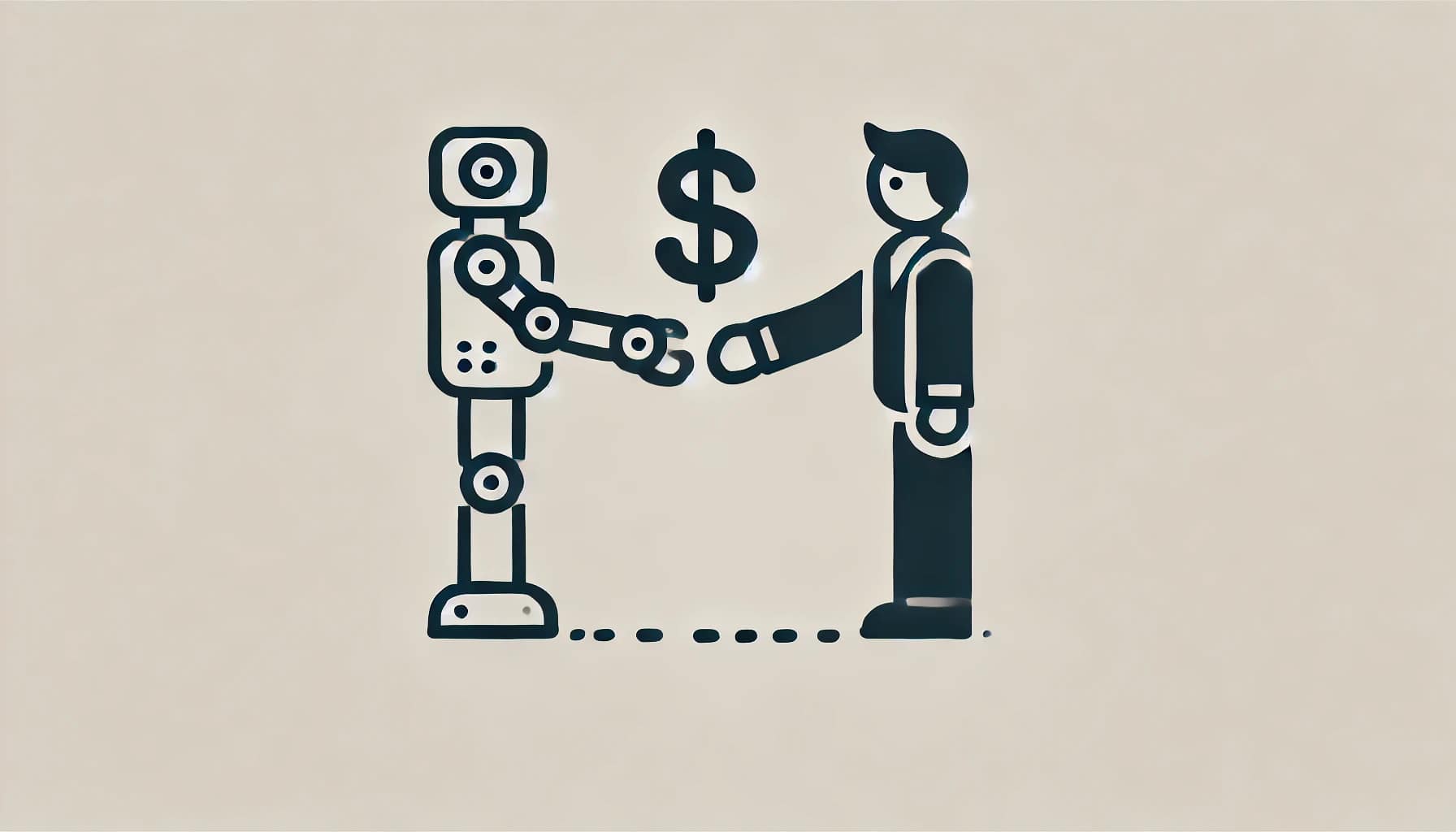 A-simple-horizontal-image-featuring-only-a-robot-and-a-human-shaking-hands-with-a-large-dollar-sign-in-the-center-between-them.-